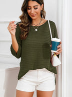 Rolled Round Neck Dropped Shoulder Slit Sweater (9)