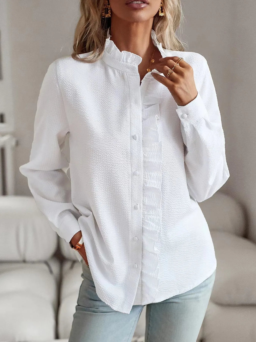 Striped Ruffle Detail Button-up Blouse (7)