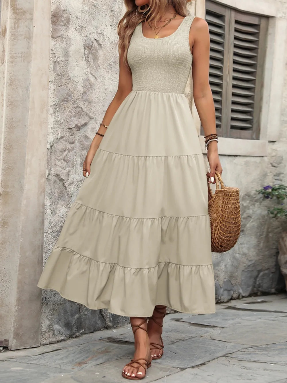 Smocked Scoop Neck Sleeveless Tank Dress (3)