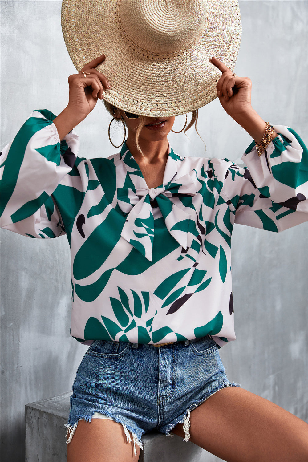 Printed Tie Neck Puff Sleeve Blouse (13)