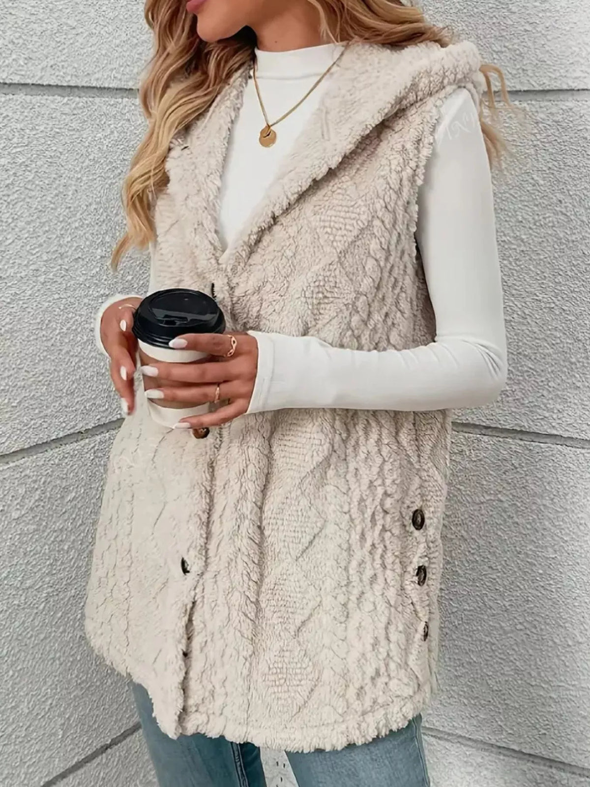 Hooded Button-up Sherpa Vest Coat (4)