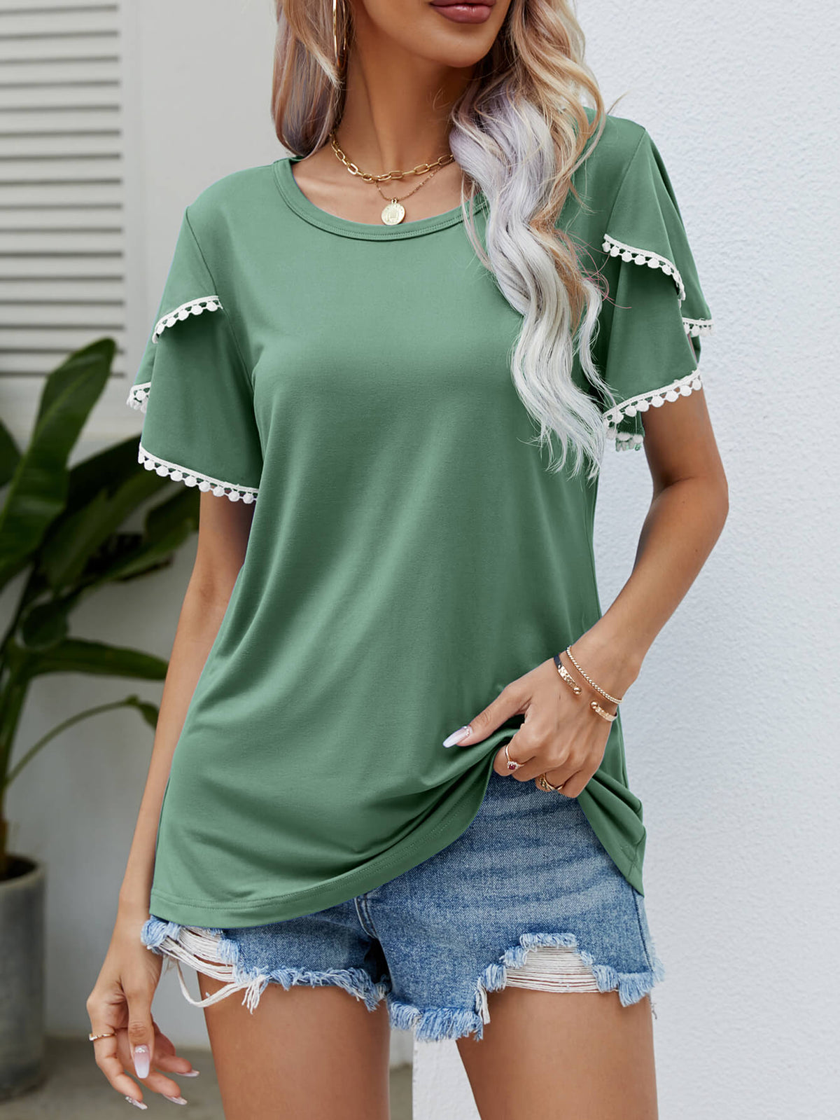 Pom-pom Trim Flutter Sleeve Round Neck Tee (18)