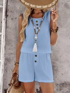 Decor Button Round Neck Tank Shorts Set (22)
