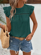 Eyelet Round Neck Cap Sleeve Top (22)
