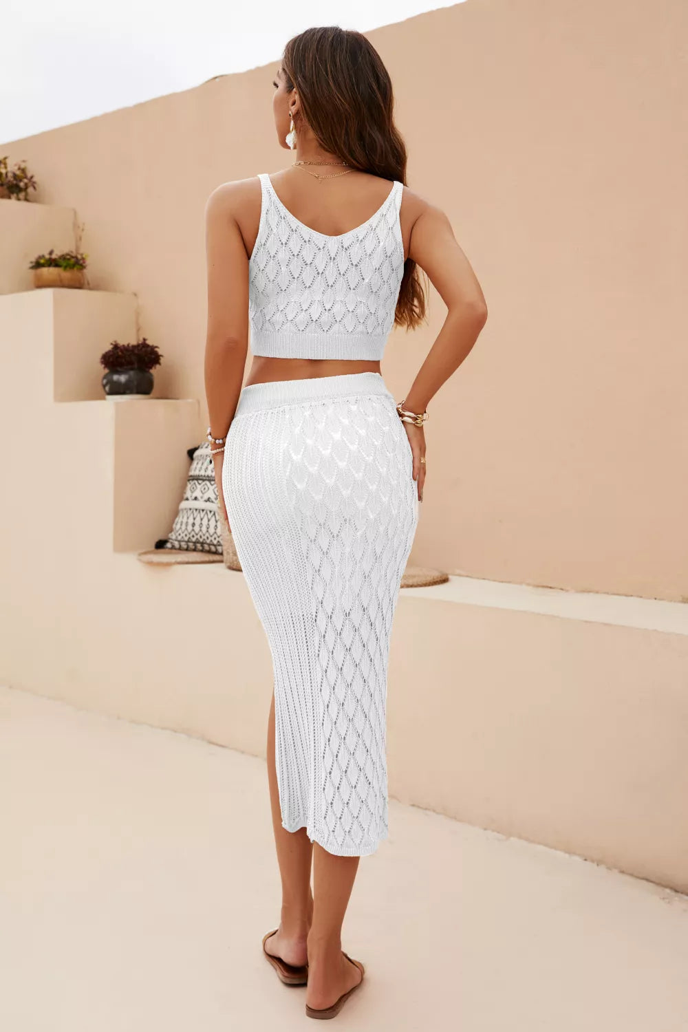 Openwork Cropped Tank Split Skirt Set (8)