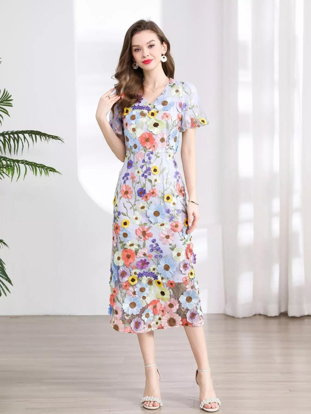 Floral Embroidered Puff Sleeve Midi Dress (14)
