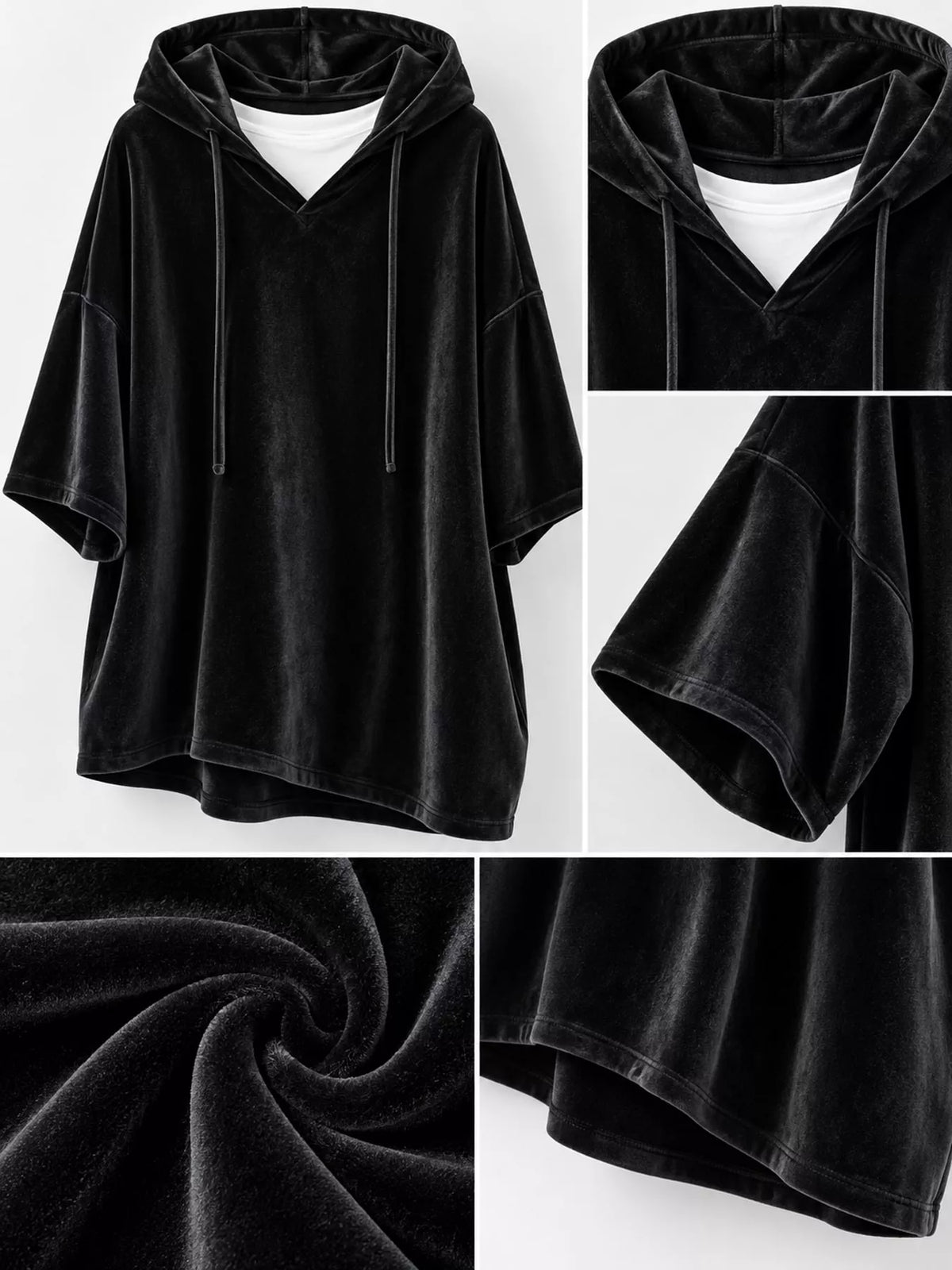 Full Size Velvet Half Sleeve Hoodie Drawstring Plus (5)