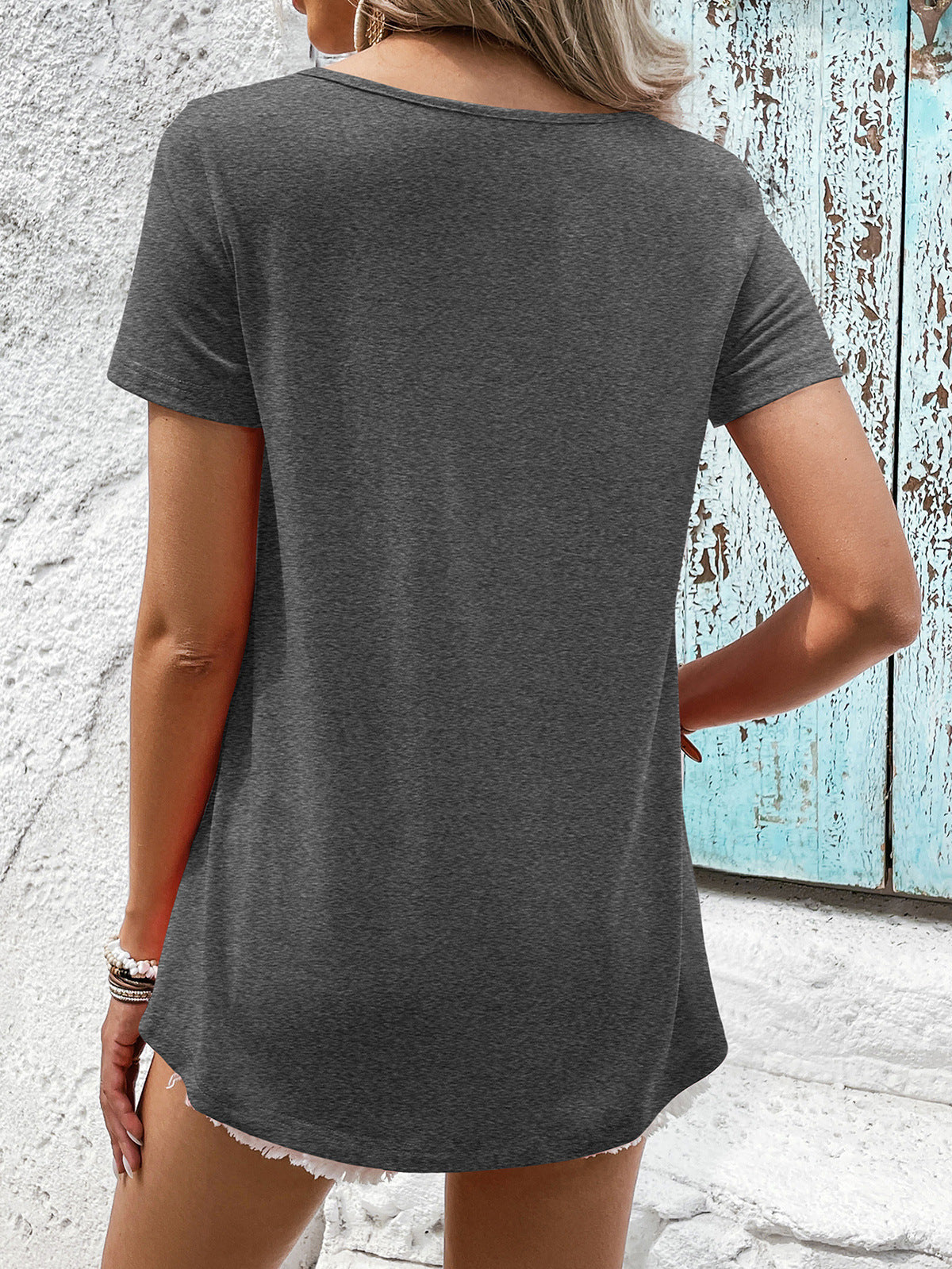 Spliced Lace Contrast Short Sleeve Top (2)