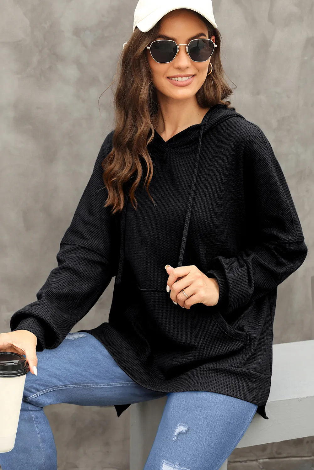 Waffle-knit Long Sleeve Hoodie (5)