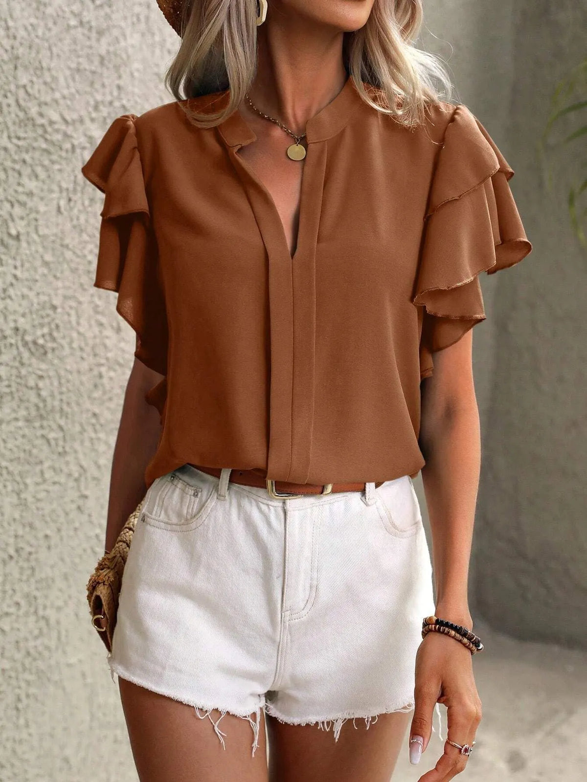 Ruffle Sleeve Notched Blouse (12)