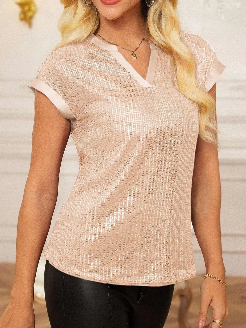 Sequin Notched Cap Sleeve Blouse (8)