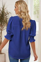 Smocked Flounce Sleeve Notched Neck Blouse (2)