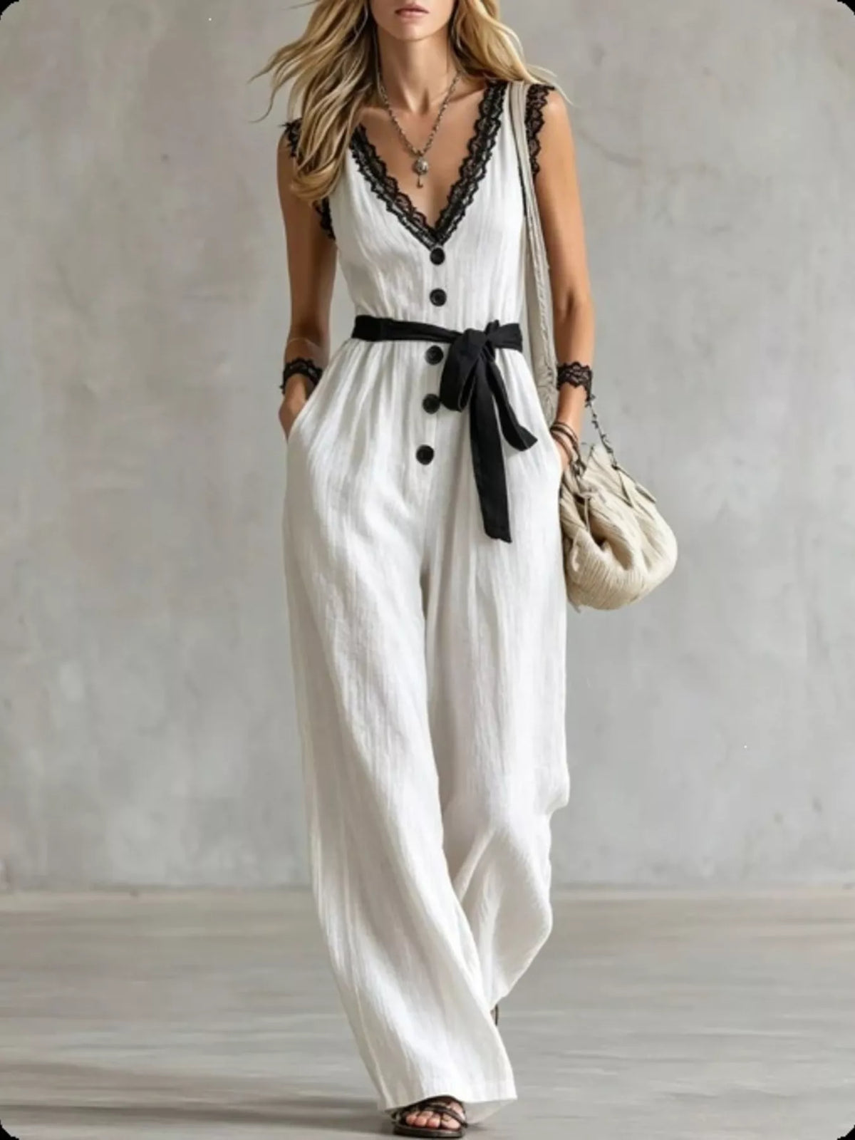 Lace Trim Sleeveless Wide Leg Jumpsuit