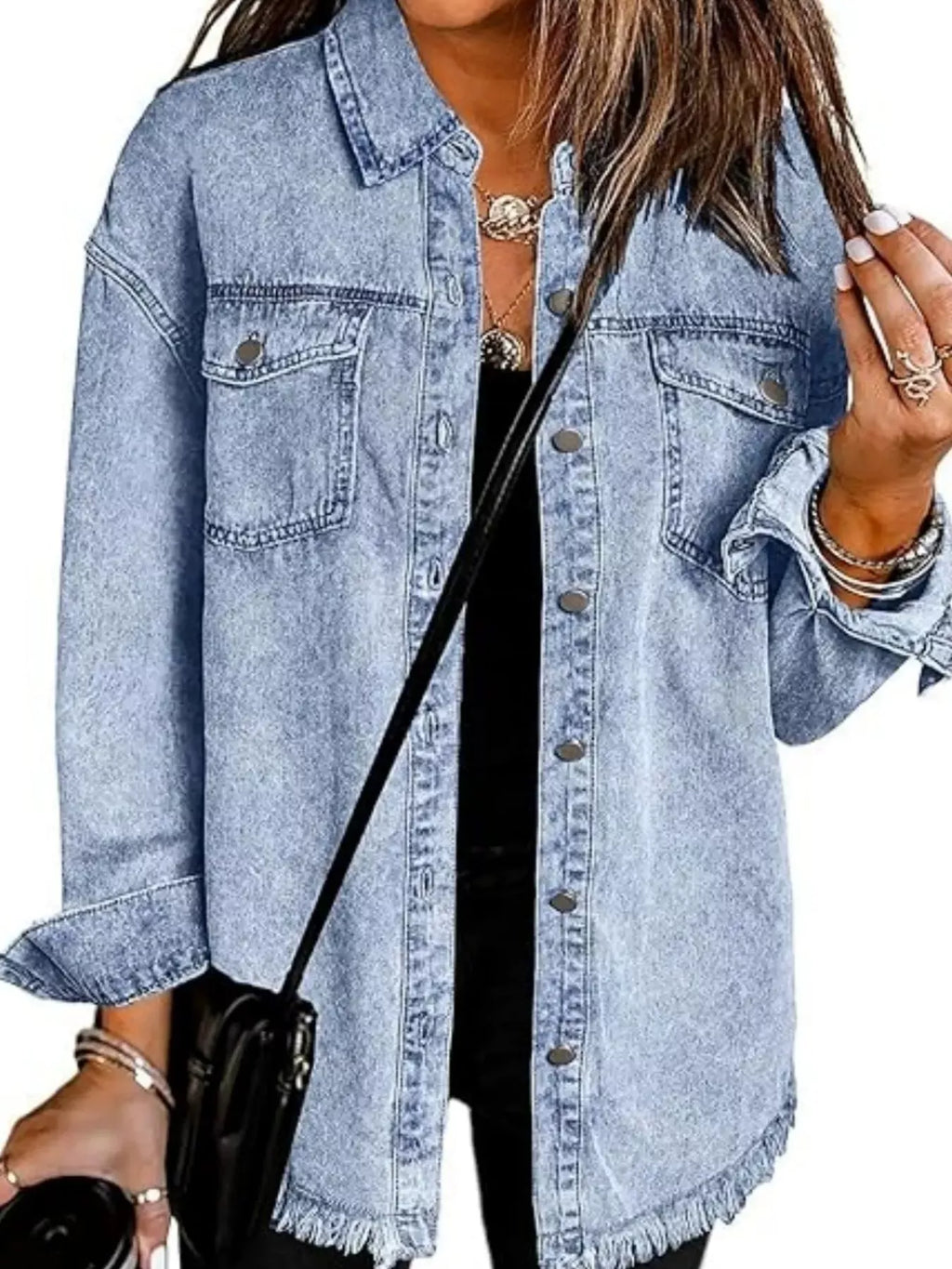 Frayed Hem Button Up Denim Jacket