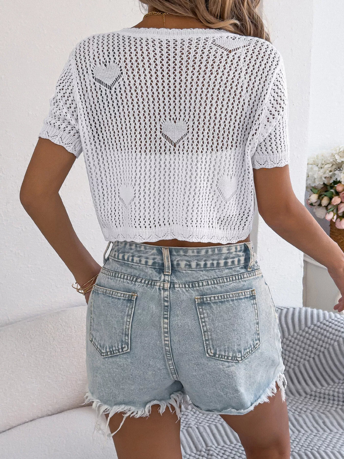 Crochet Heart Pattern Tie Front Cardigan (10)