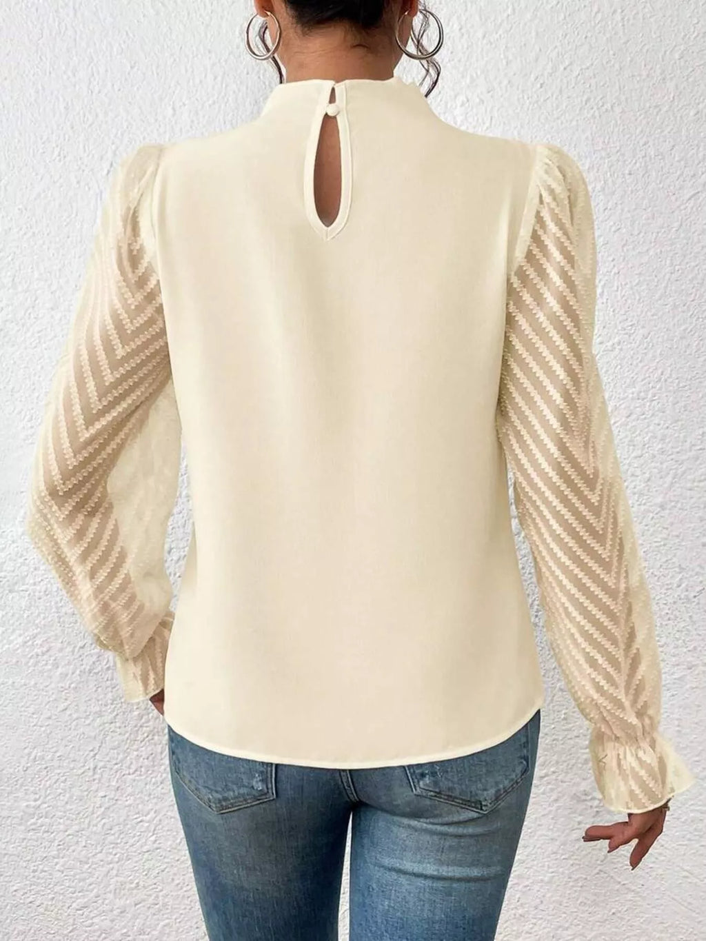 Mock Neck Sheer Lace Sleeve Blouse (13)