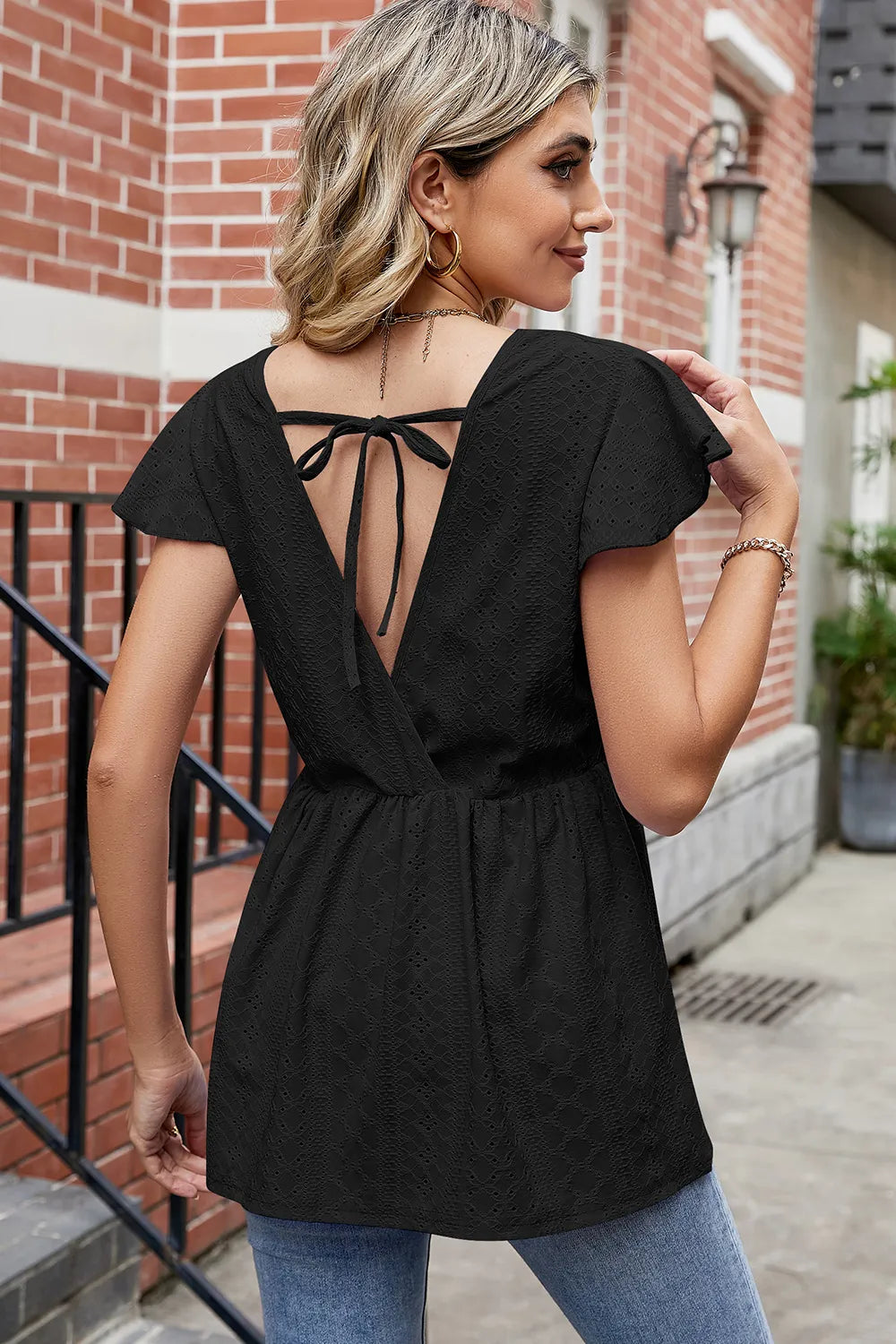 Tied Ruffled Round Neck Peplum T-shirt (8)