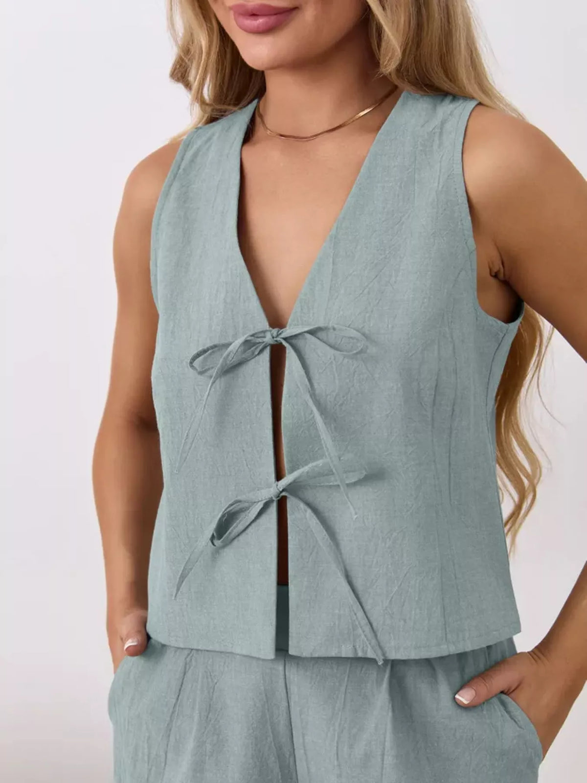 Tie-front Sleeveless Top Shorts Set (8)