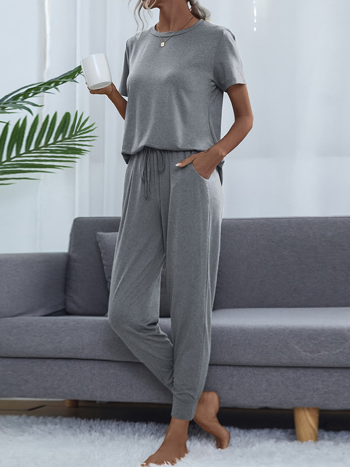Round Neck Short Sleeve Top Pants Set (19)
