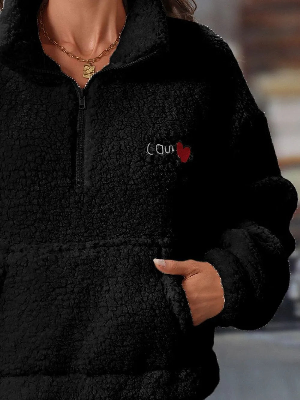 Heart Half Zip Long Sleeve Teddy Sweatshirt (11)