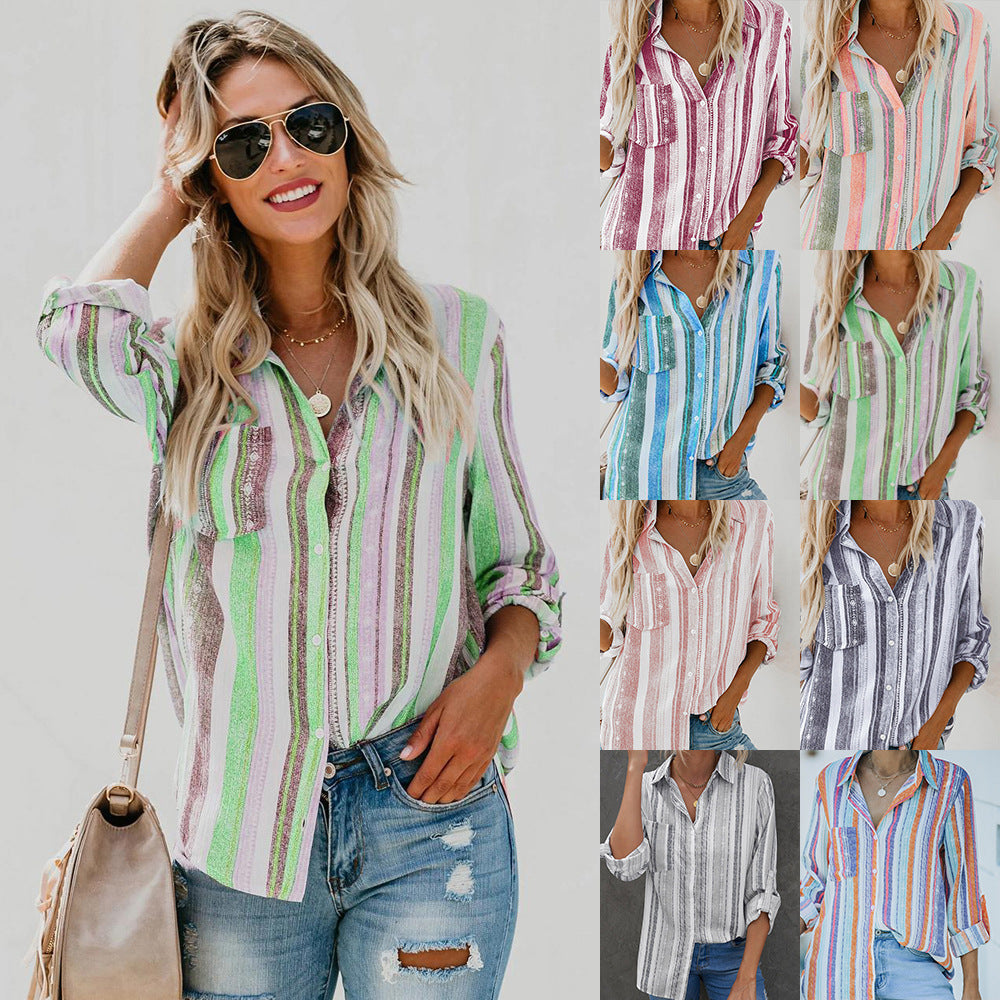 Striped Lapel Long Sleeve Cardigan Single Breasted Shirt photo 1