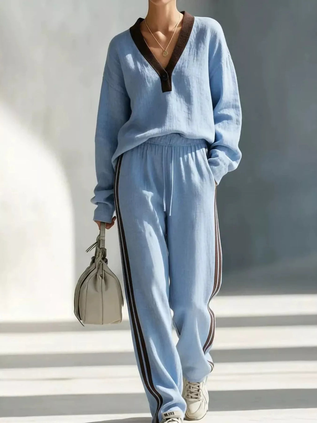 Contrast V-neck Top Striped Pants Set