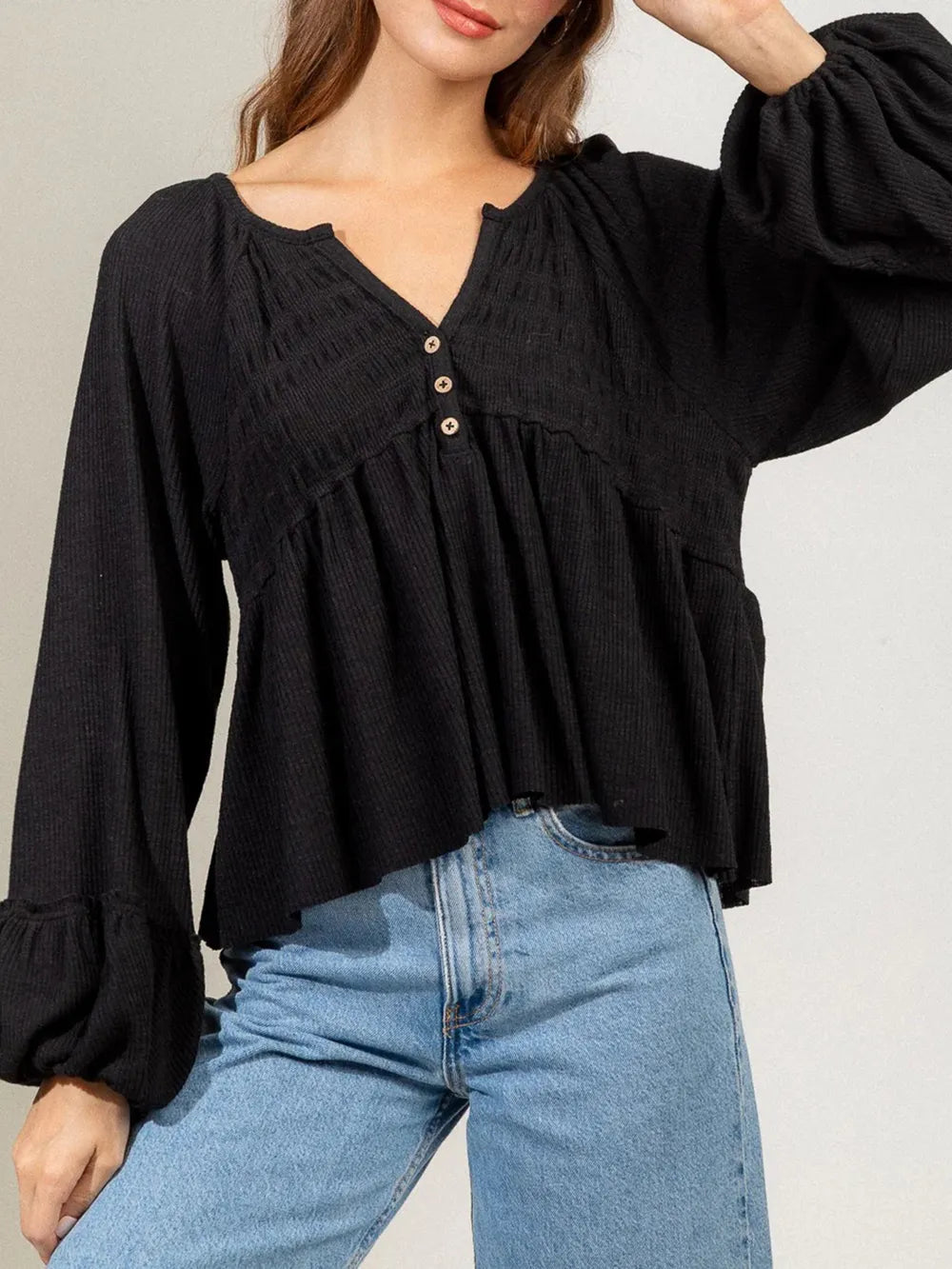 Notched Balloon Sleeve Peplum Blouse (6)