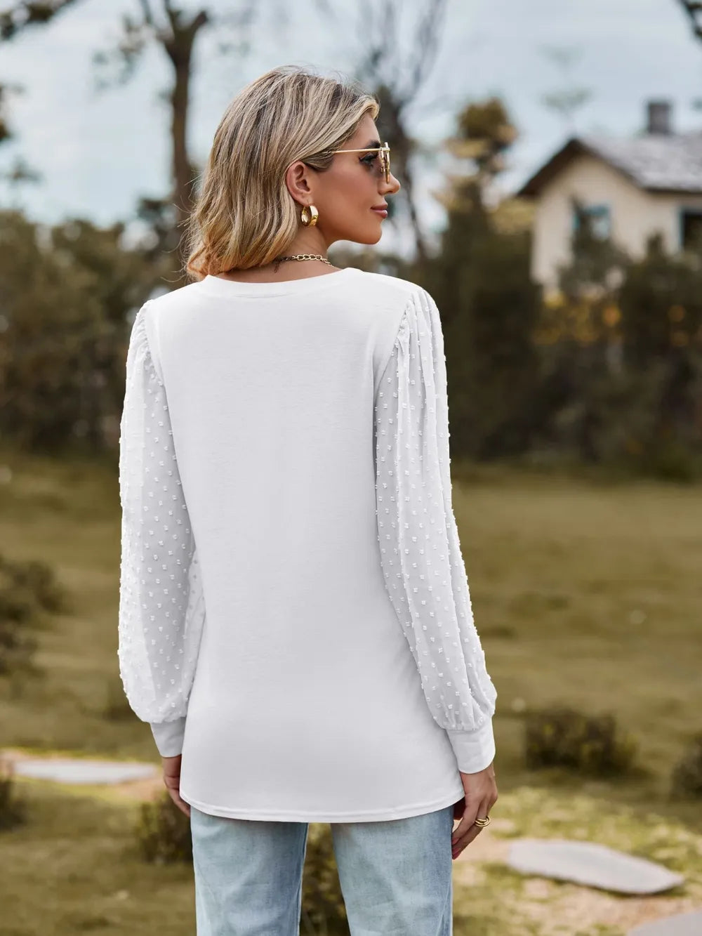 Swiss Dot V-neck Long Sleeve Blouse (6)