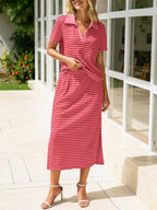 Striped Polo Collar Top Slit Skirt Two-piece Set (16)