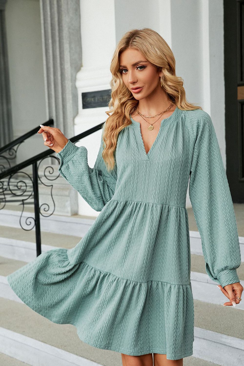 Notched Neck Long Sleeve Mini Dress (3)