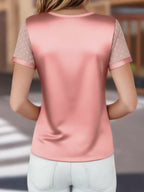 Polka Dot Mesh Sleeve Satin Short Sleeve Top (11)