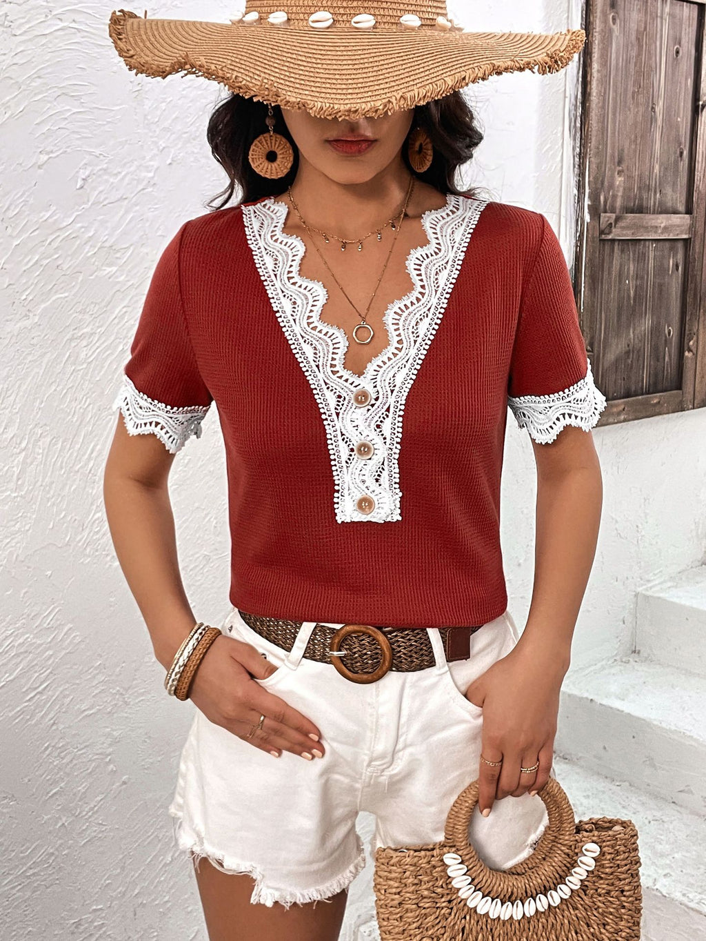 Decorative Button Spliced Lace Short Sleeve Top (4)