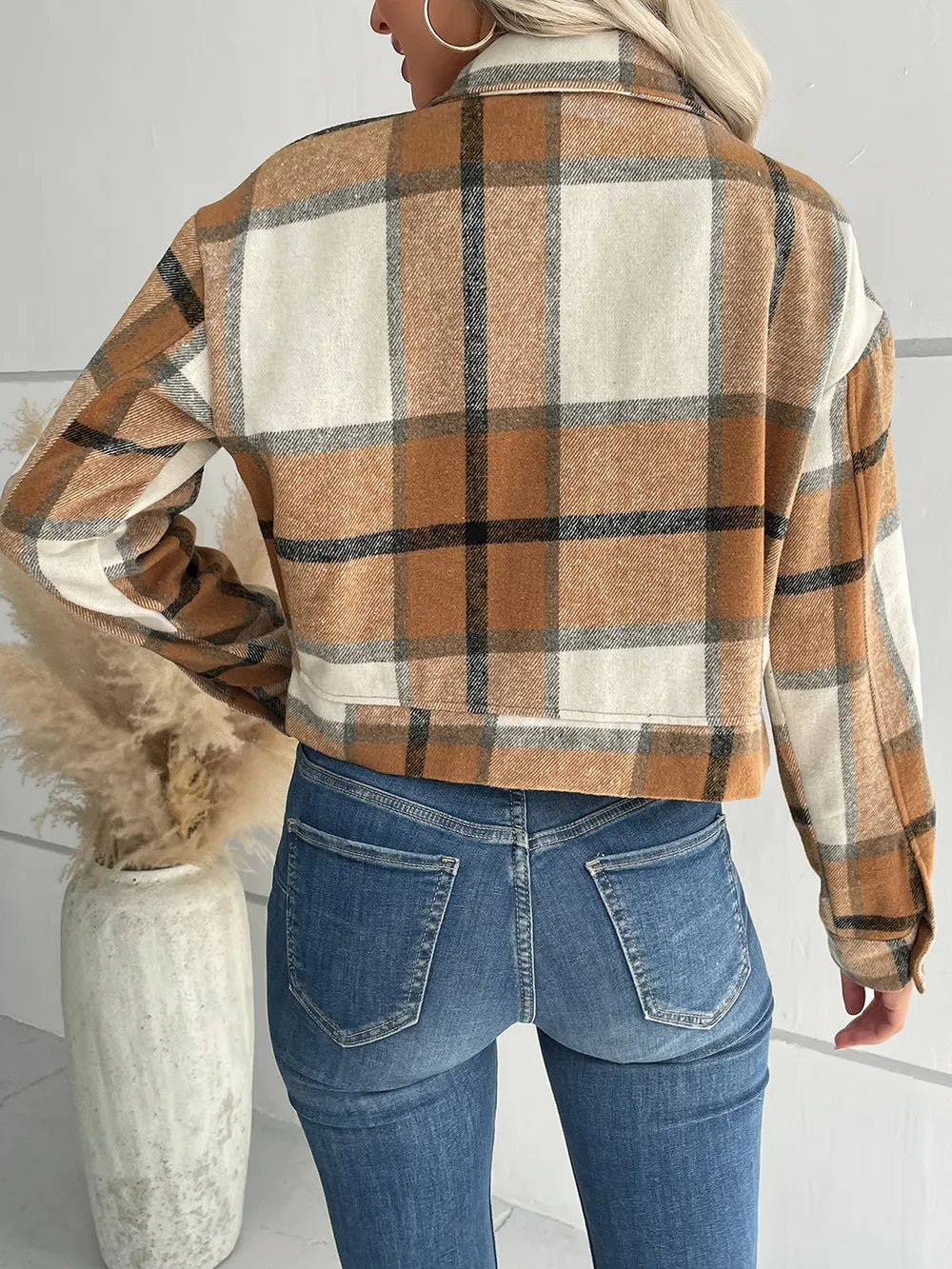 Plaid Button Up Drop Shoulder Cropped Jacket (20)