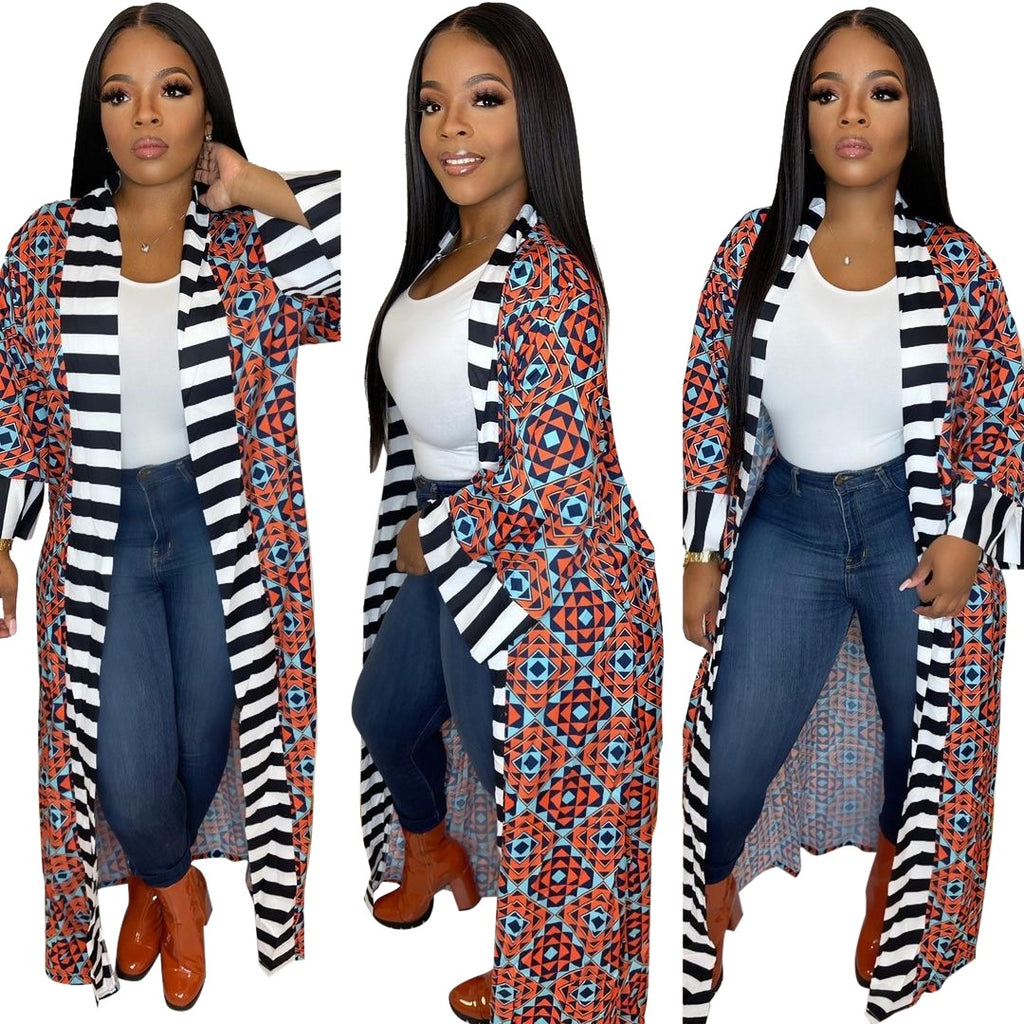 Casual Striped Pattern Printed Long Sleeve Coat Dress photo 3