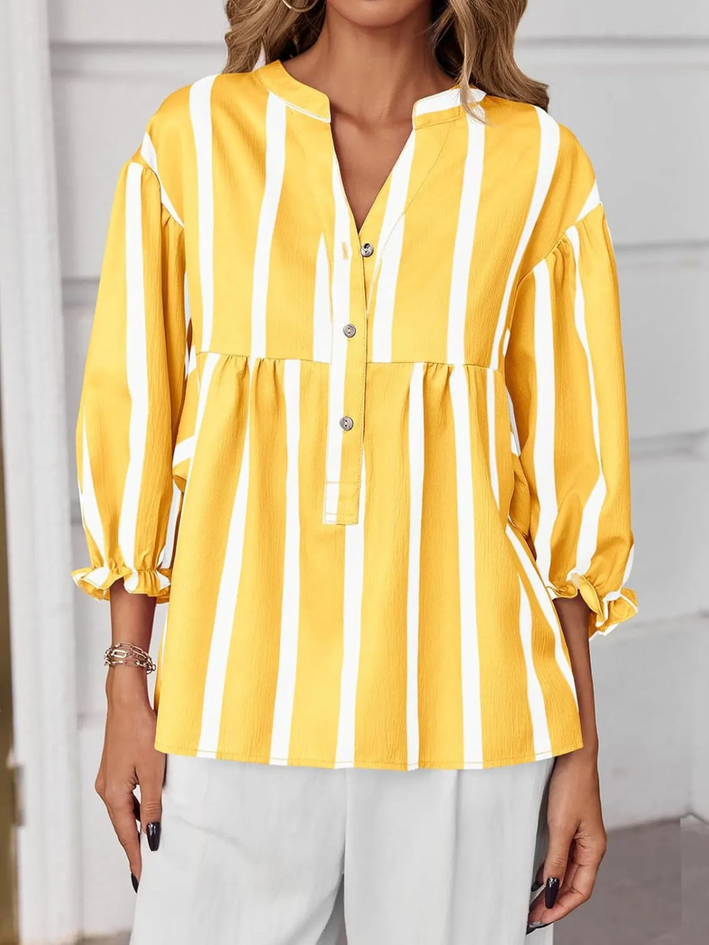 Striped Button Front Notched Blouse (19)
