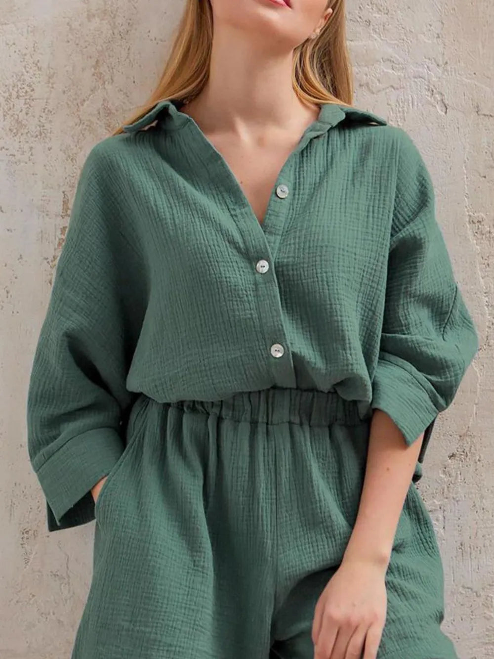Texture Button Up Shirt Shorts Set (25)