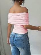 Off-shoulder Ruched Asymmetrical Hem Top (11)