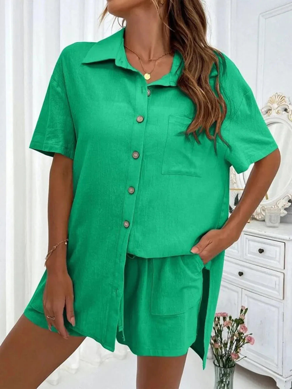 Button Up Shirt Drawstring Shorts Set (22)