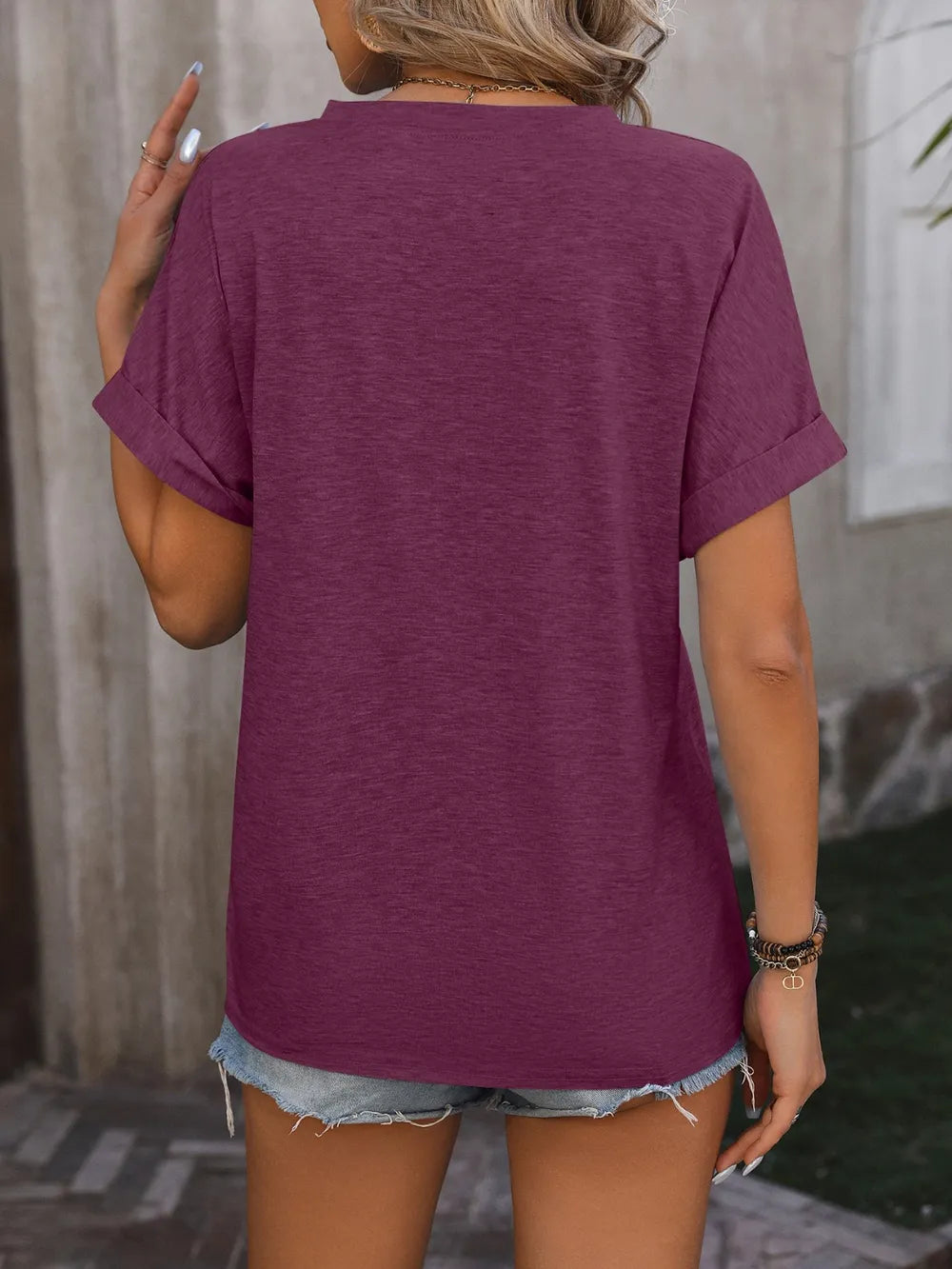 Notched Buttoned Short Sleeve T-shirt (20)