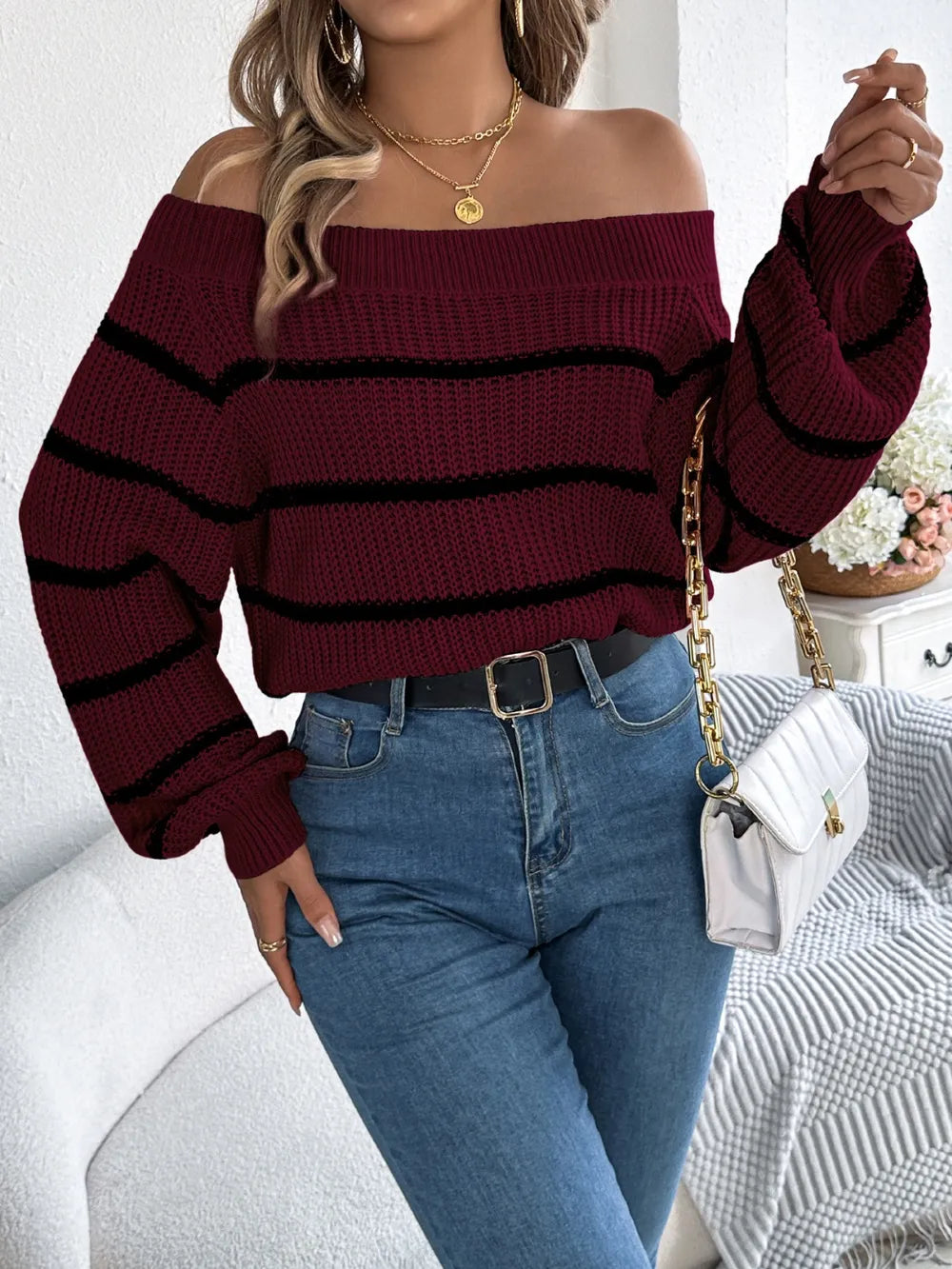 Striped Off-shoulder Long Sleeve Sweater (9)