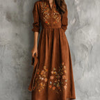 Vintage Brown Floral Embroidered Suede Midi Dress variant CJLY253060701AZ|CJLY253060702BY|CJLY253060703CX|CJLY253060704DW|CJLY253060705EV|CJLY253060706FU|CJLY253060707GT