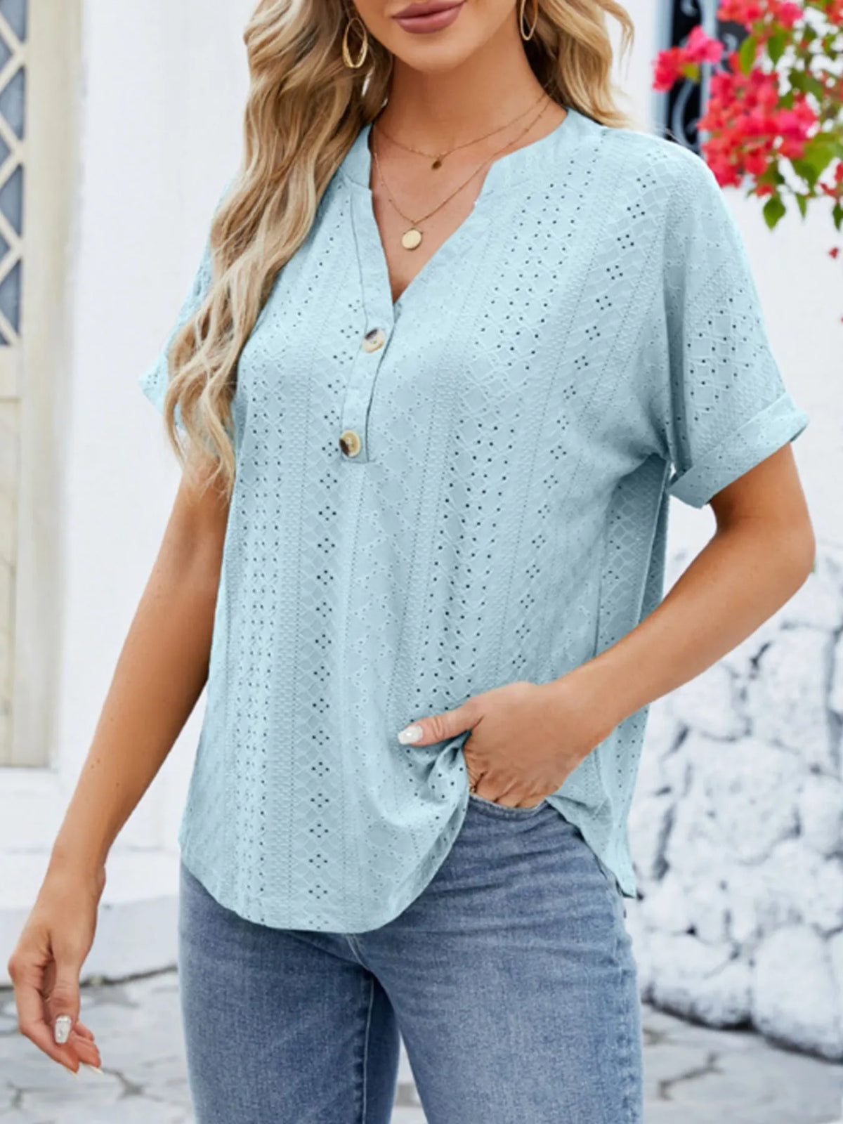 Eyelet Notched Short Sleeve Blouse (13)