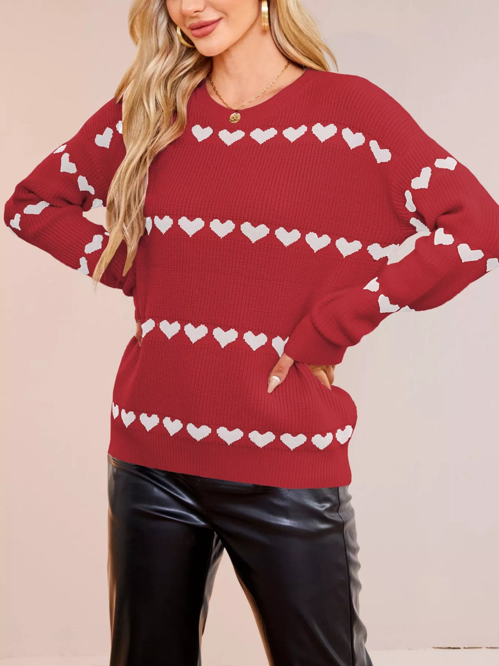 Heart Pattern Dropped Shoulder Sweater (19)