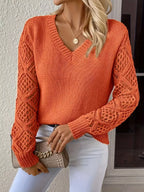 Openwork V-neck Long Sleeve Sweater (16)
