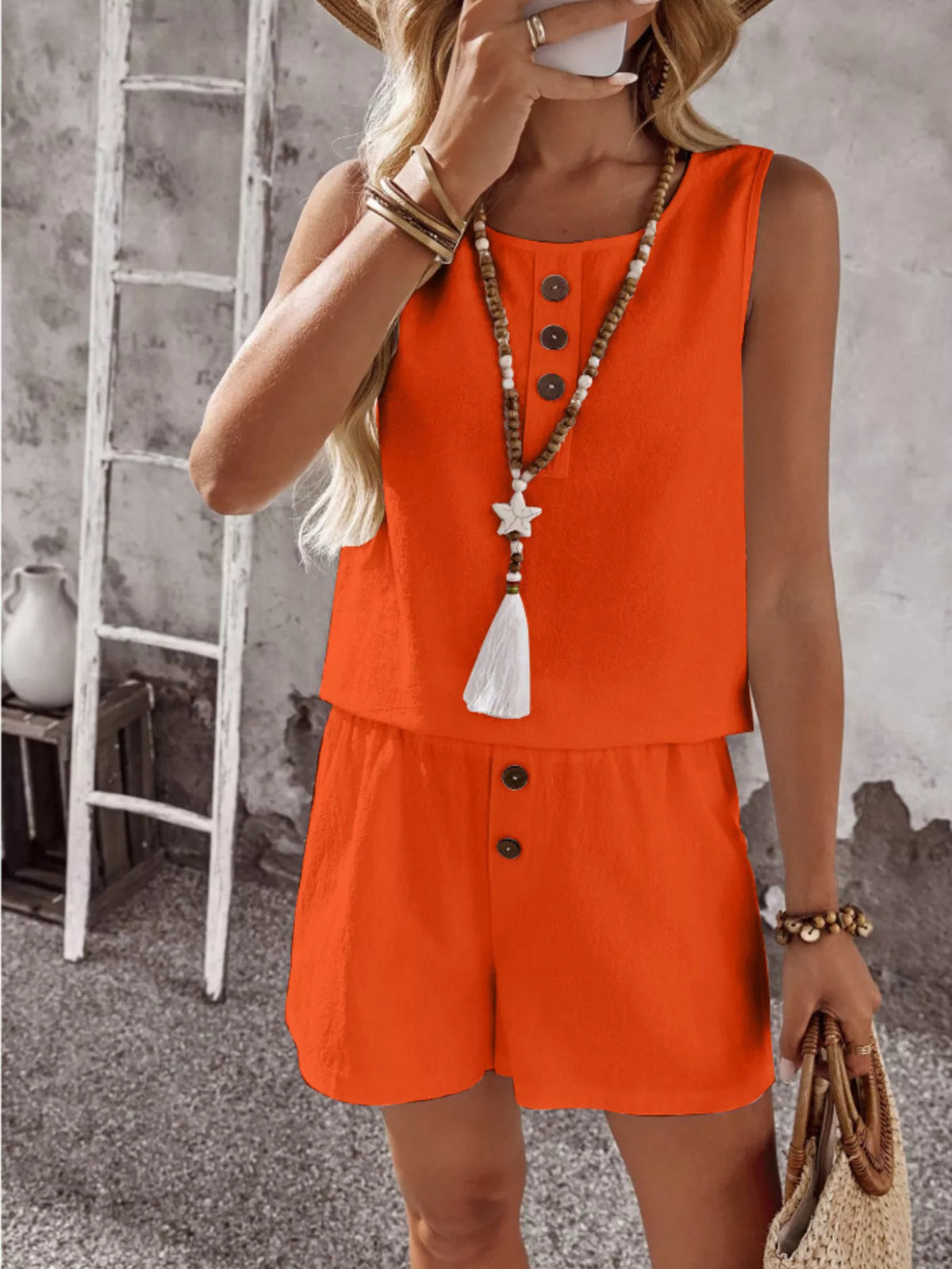 Decor Button Round Neck Tank Shorts Set (15)