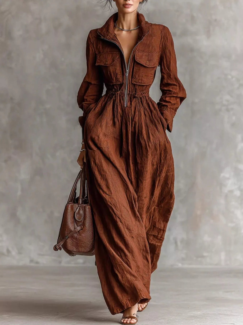 Zip-front Long Sleeve Maxi Shirt Dress (4)