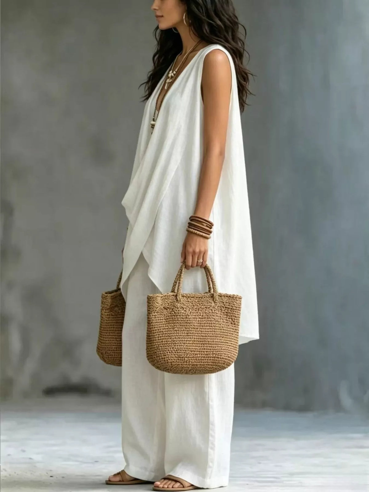 Sleeveless Asymmetrical Top Wide-leg Pants Set (2)