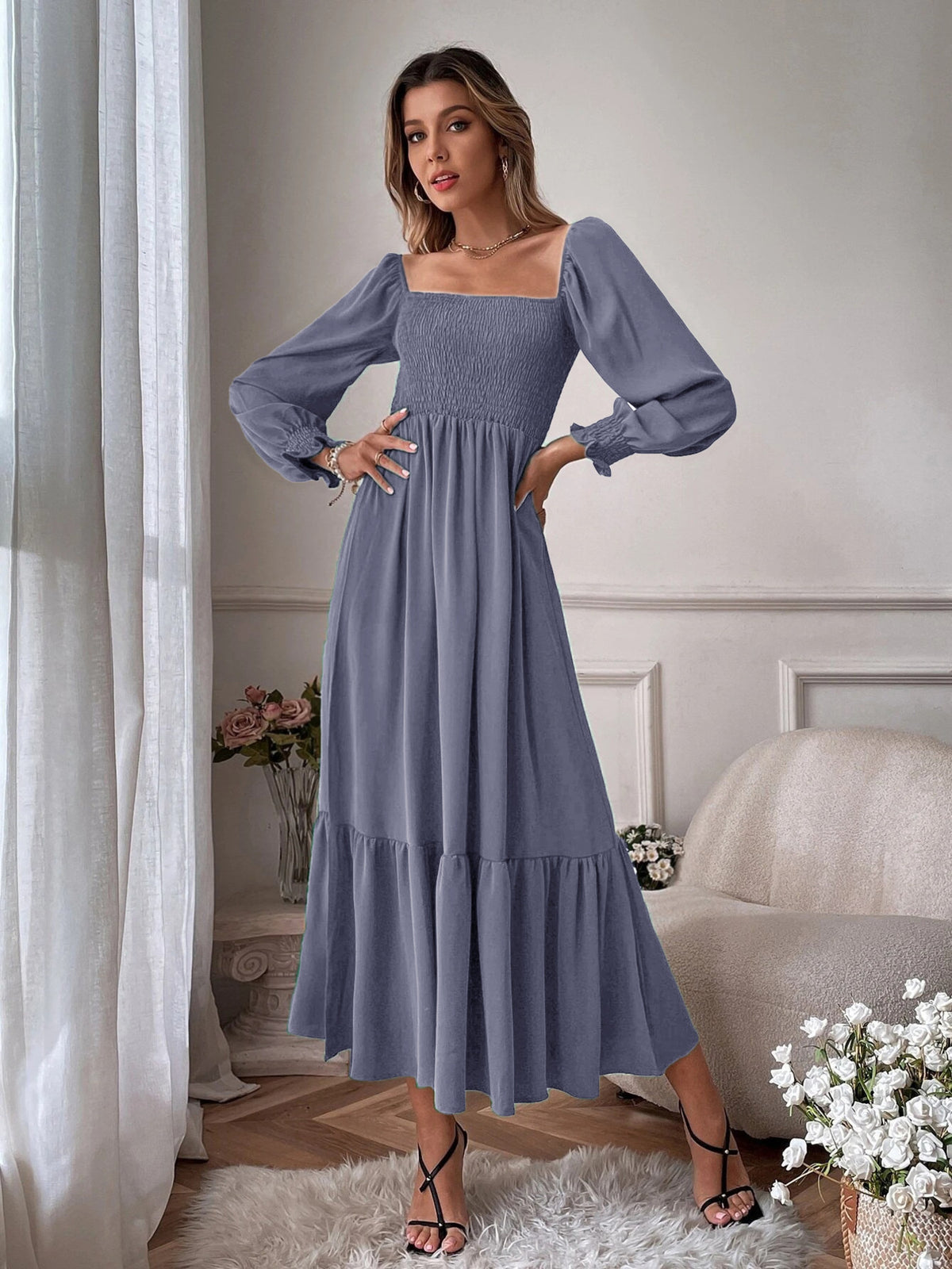 Smocked Long Sleeve Midi Dress (12)