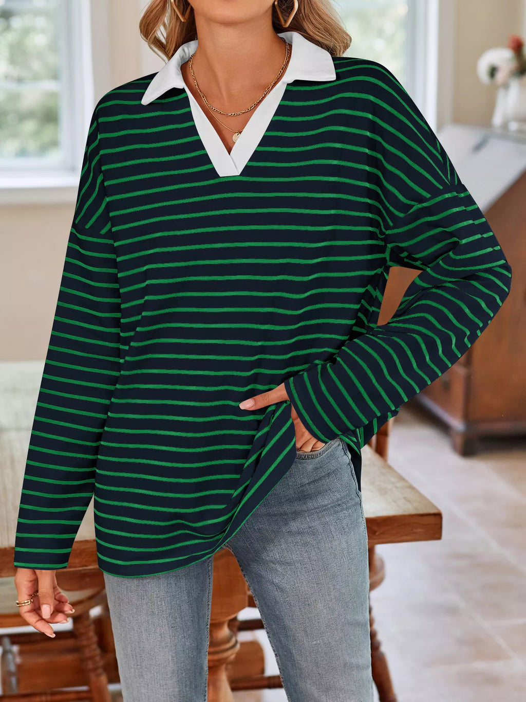Oversized Striped Johnny Collar T-shirt (10)