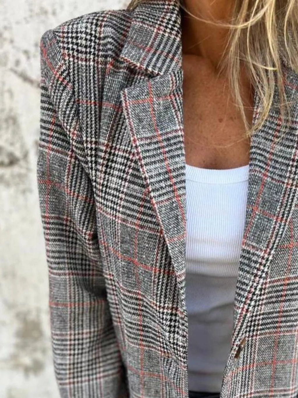 Full Size Plaid Single-breasted Long Sleeve Blazer Plus (5)